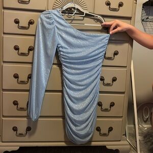 Homecoming  dress baby blue glitter left sleeve fitted dress. Jump Apparel